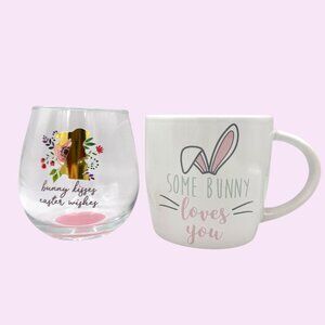 EASTER BUNNY RABBIT STEMLESS WINE GLASS CERAMIC MUG SET
